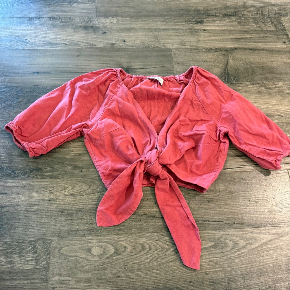 Abercrombie & Fitch Red Pink Tie Front Puff Sleeve Crop Top Blouse Small